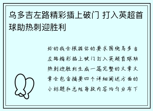 乌多吉左路精彩插上破门 打入英超首球助热刺迎胜利 乌多吉左路精彩插上破门 打入英超首球助热刺迎胜利
