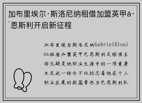 加布里埃尔·斯洛尼纳租借加盟英甲巴恩斯利开启新征程
