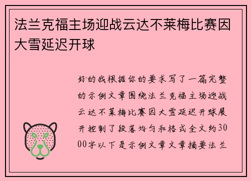 法兰克福主场迎战云达不莱梅比赛因大雪延迟开球 法兰克福主场迎战云达不莱梅比赛因大雪延迟开球